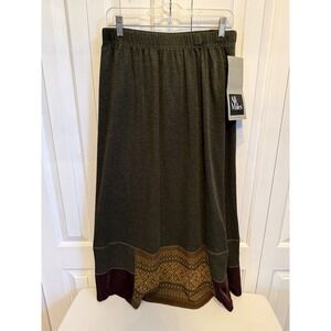 Ali Miles Maxi Skirt Boho Large Pull On Green Burgundy Velvet and Emroidered NEW